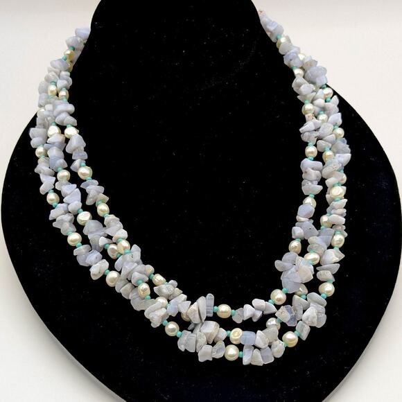 Light Blue Gemstone Freshwater Pearl Multi-Strand Necklace Sterling Silver 925 - Picture 1 of 10